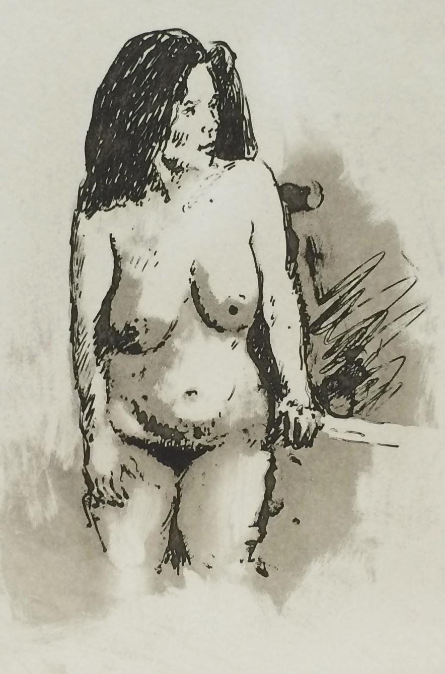 STANDING NUDE DARK HAIR Signed Etching, Classic Female Nude, Casual Pose - Realist Print by Raphael Soyer