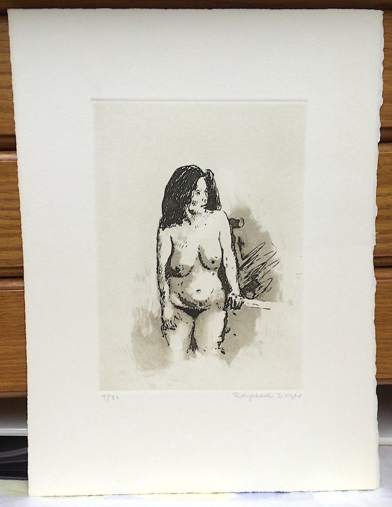 STANDING NUDE DARK HAIR is an original hand drawn lithograph by Raphael Soyer, the renowned Russian-born American realist painter, draftsman, and printmaker. Printed on archival printmaking paper 100% acid free paper, signed and numbered 9/30 in