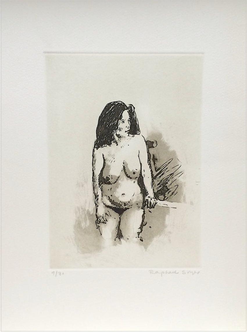 Raphael Soyer Nude Print - STANDING NUDE DARK HAIR Signed Etching, Classic Female Nude, Casual Pose