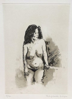 STANDING NUDE DARK HAIR Signierte Radierung, klassischer weiblicher Akt, ungewöhnliche Pose