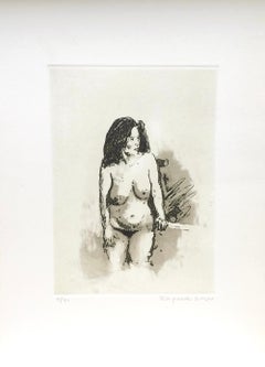 STANDING NUDE DARK HAIR Signierte Original-Radierung, Vollfigurige Frau, ungewöhnliche Pose