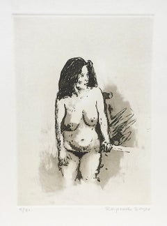 STANDING NUDE DARK HAIR Signé Gravure originale, Femme pleinement figurée, Pose Casual