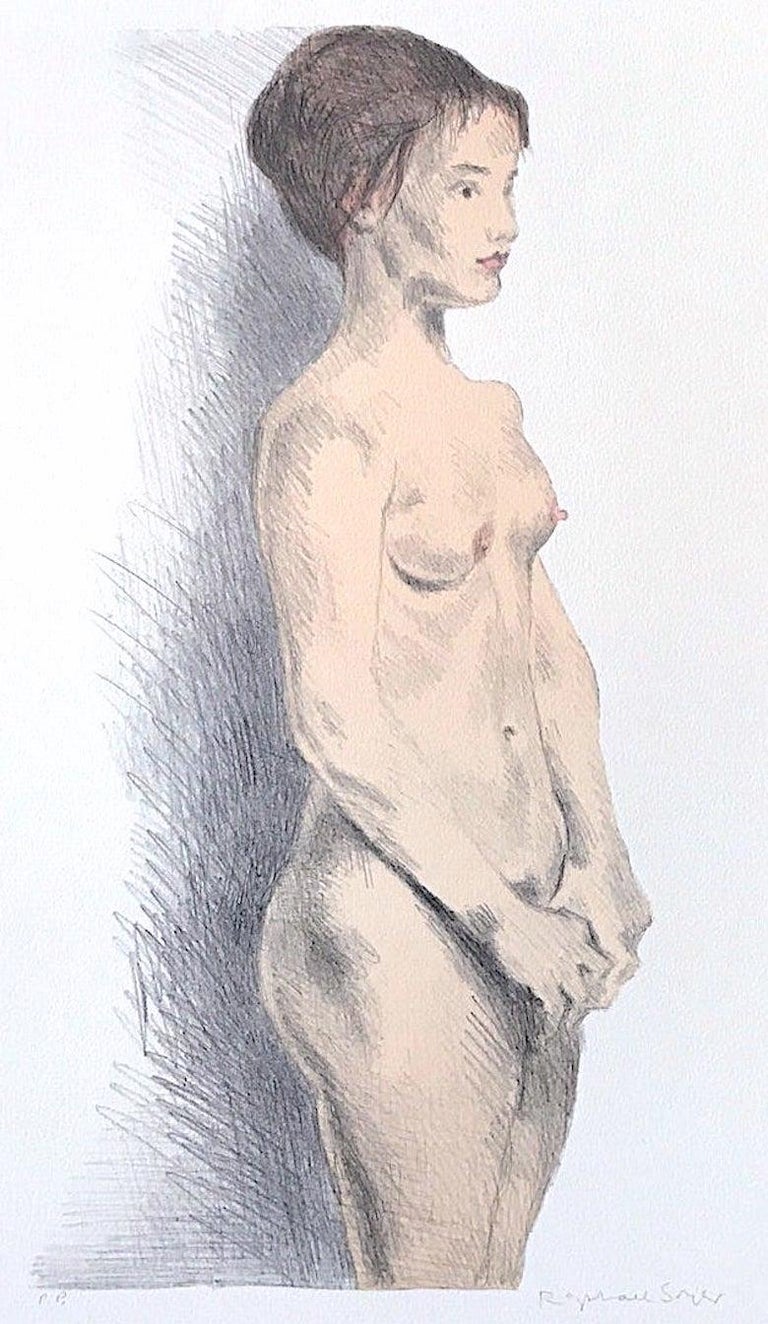 STANDING NUDE Hand Drawn Lithograph, Classic Female Nude - Print by Raphael Soyer
