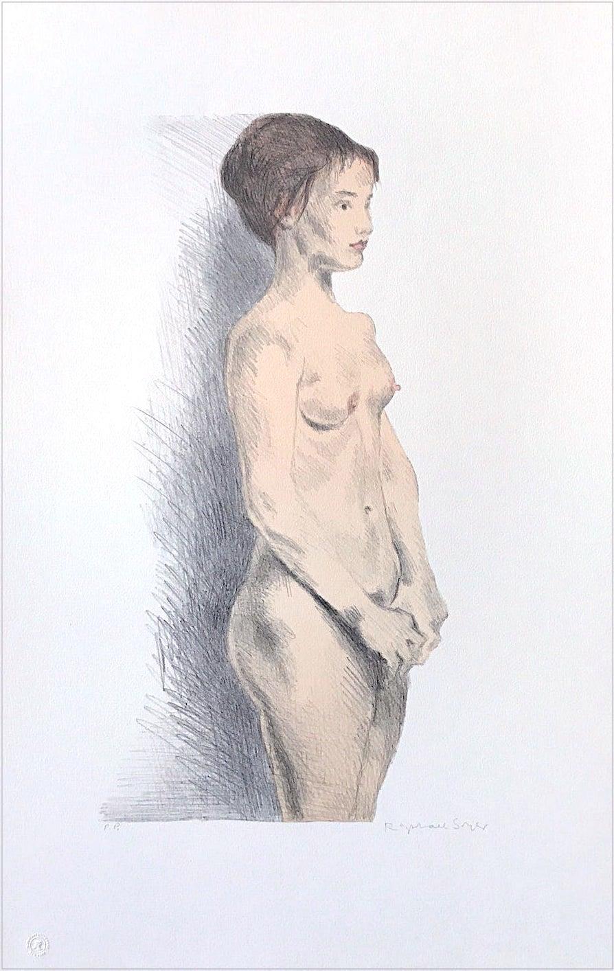 STANDING NUDE Hand Drawn Lithograph, Classic Female Nude