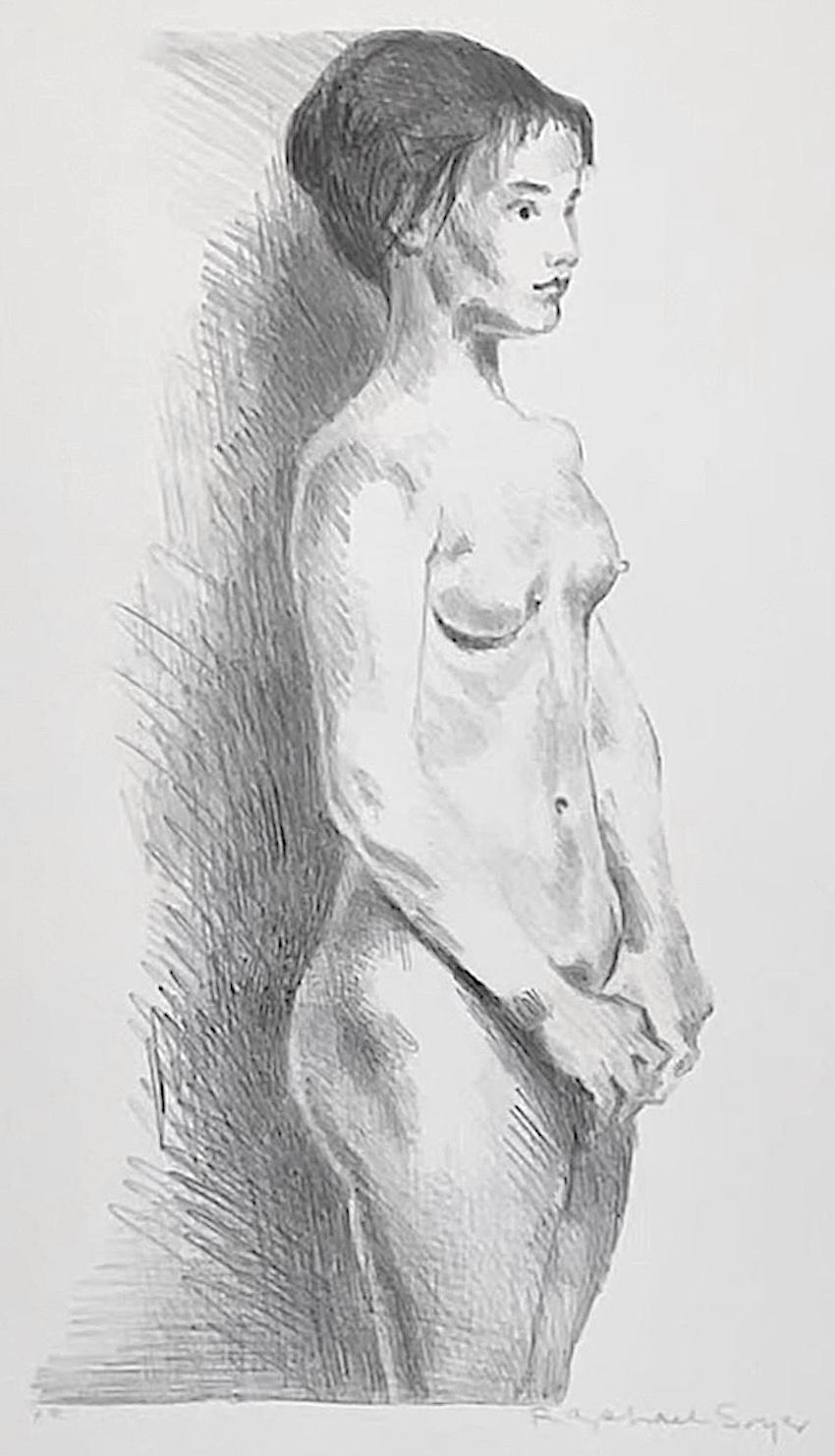 STANDING NUDE Litografía firmada, Retrato figurativo femenino, Dibujo realista - Print de Raphael Soyer