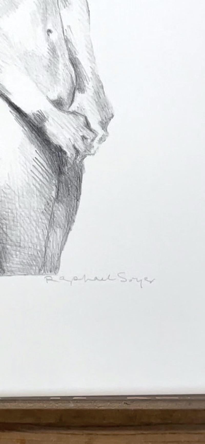 STANDING NUDE una litografía original dibujada a mano por Raphael Soyer, el célebre pintor, dibujante y grabador realista estadounidense de origen ruso. Impreso en papel de archivo Arches 100% libre de ácido. DESNUDO DE PIE  es un dibujo sensible y
