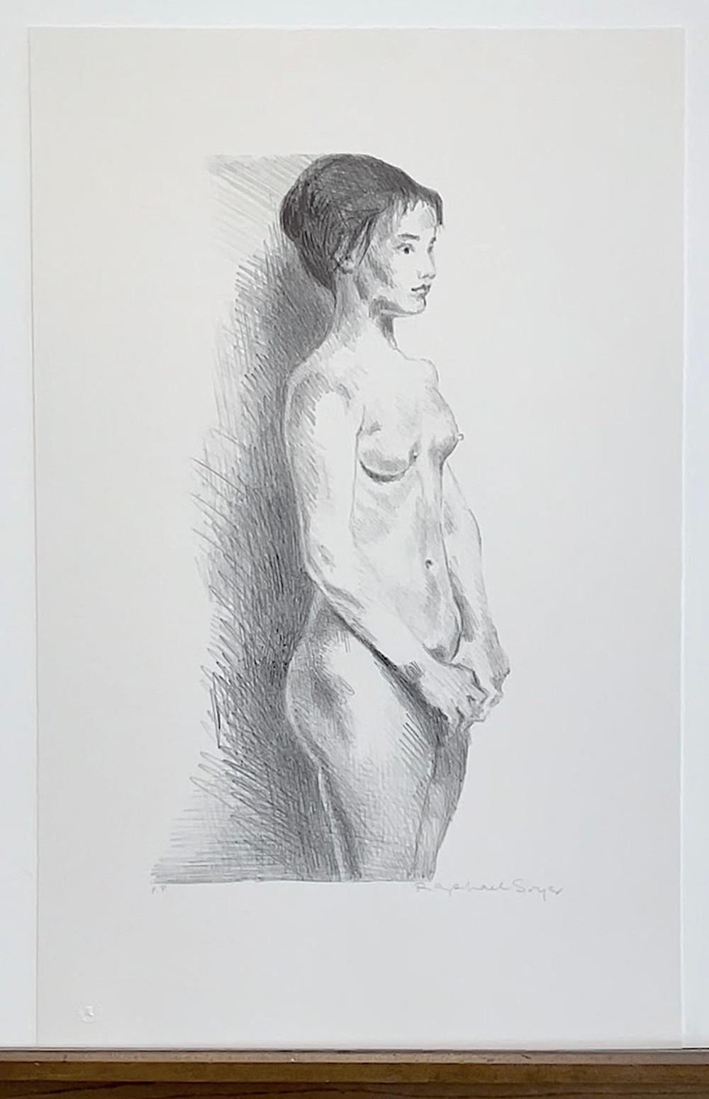 STANDING NUDE Litografía firmada, Retrato figurativo femenino, Dibujo realista en venta 3