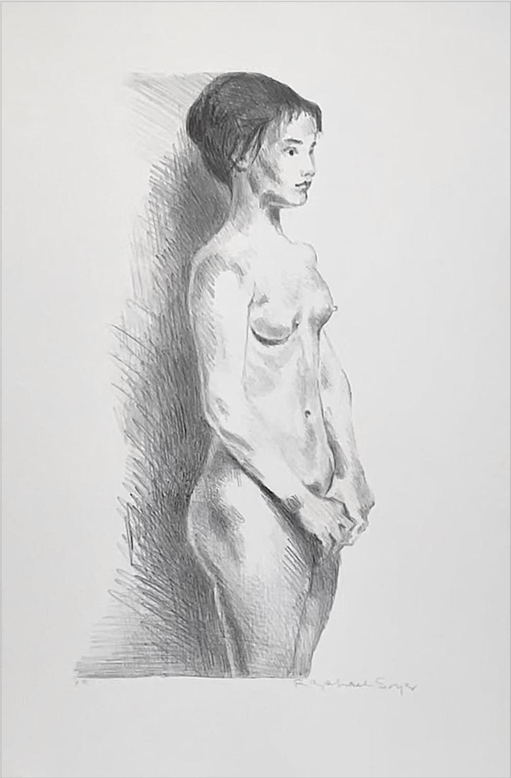 Nude Print de Raphael Soyer - STANDING NUDE Litografía firmada, Retrato figurativo femenino, Dibujo realista