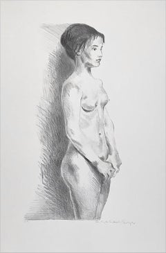 STANDING NUDE Litografia firmata, Ritratto femminile figurativo, Disegno realista