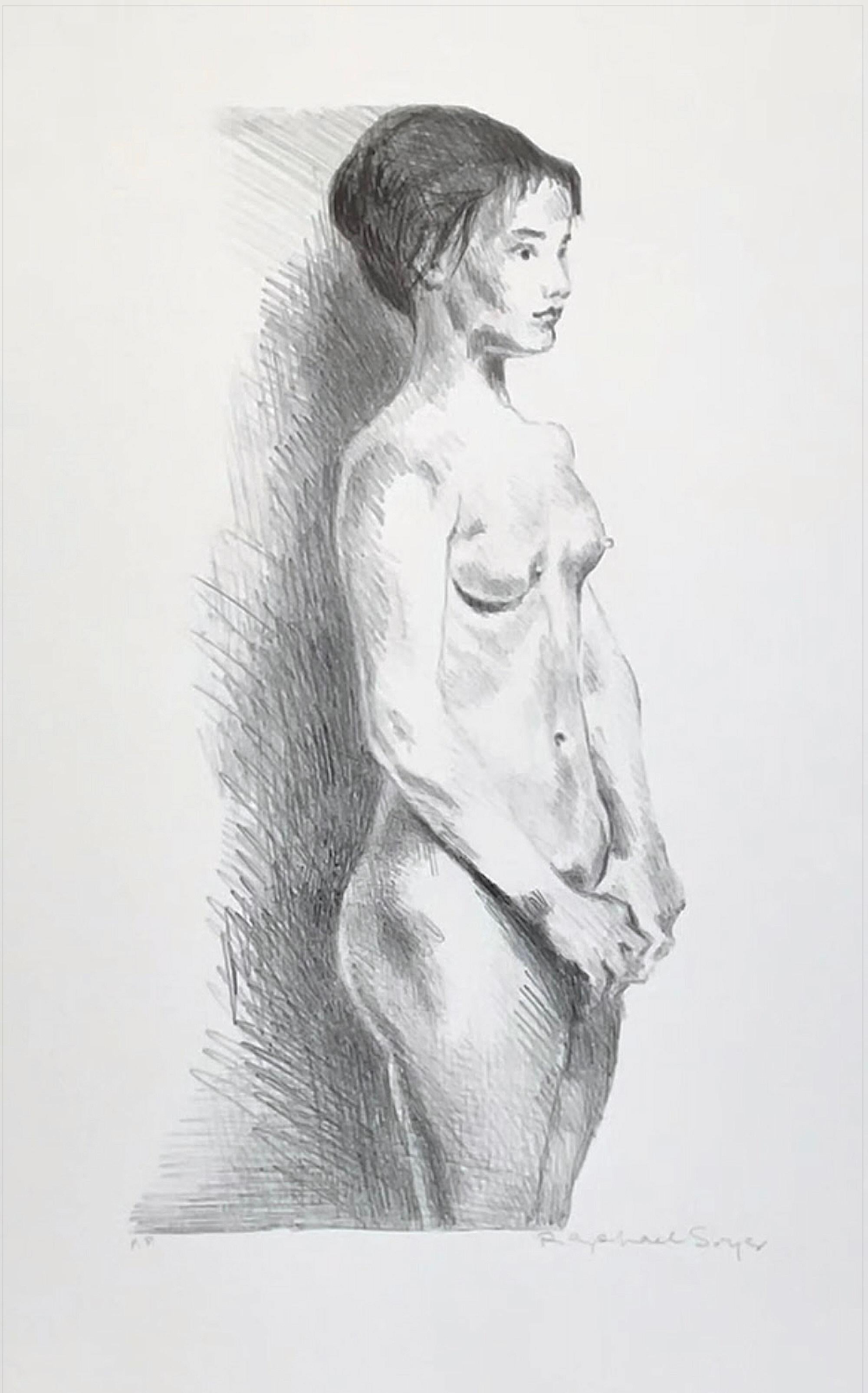 STANDING NUDE Signed Lithograph, Figurative Female Portrait, Realist Drawing