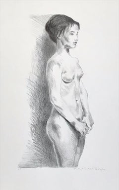 STANDING NUDE Signed Lithograph, Figurative Female Portrait, Realist Drawing