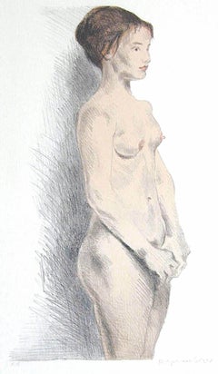 STANDING NUDE Signed Lithograph, Realist Portrait Young Woman, Figure Drawing
