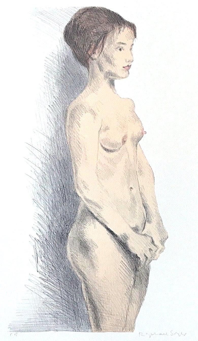 STANDING NUDE ist eine originale handgezeichnete Lithografie von Raphael Soyer, dem berühmten in Russland geborenen amerikanischen realistischen Maler, Zeichner und Grafiker. Gedruckt auf Arches-Papier, 100% säurefreies Papier. Stehender Akt ist