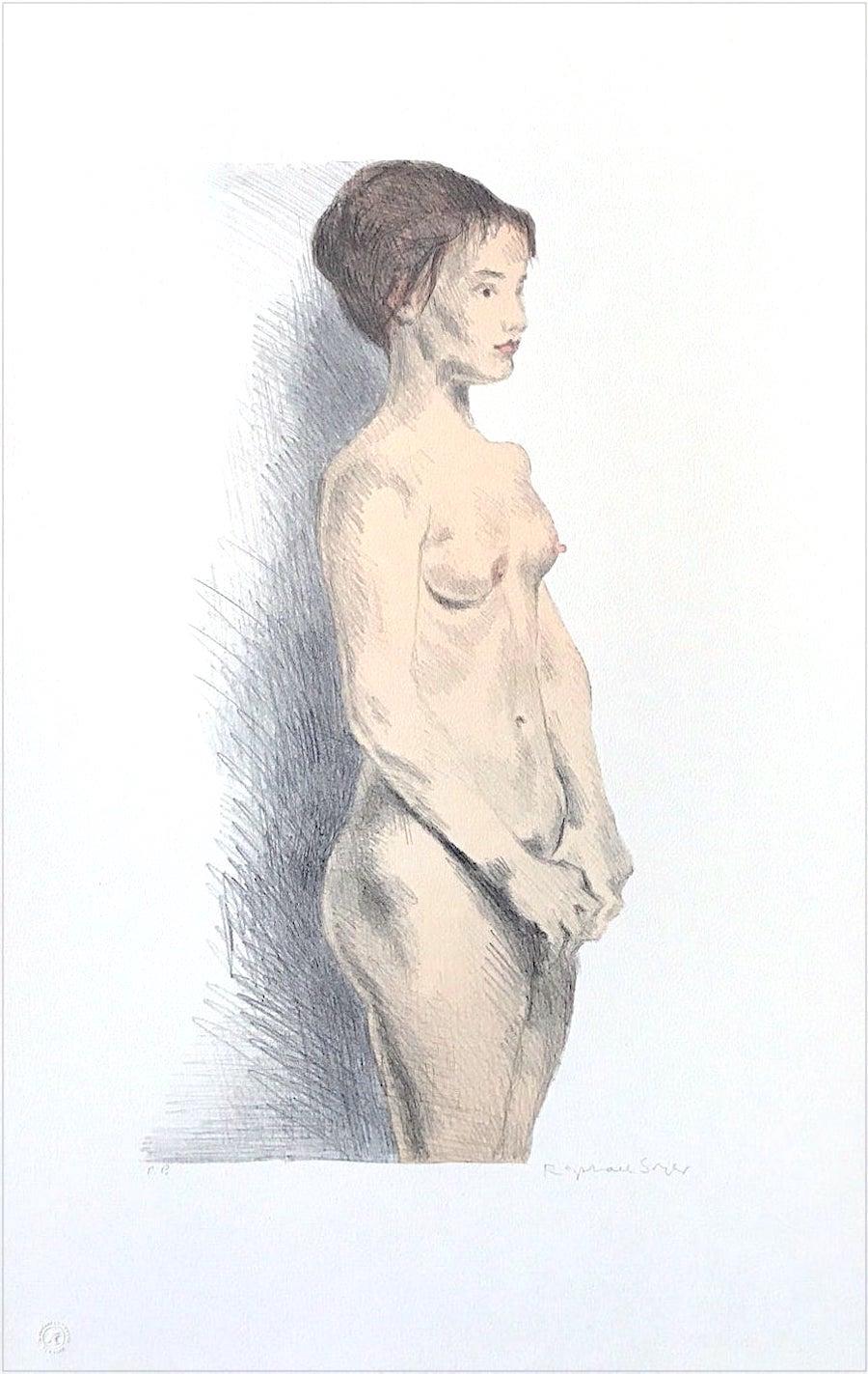STANDING NUDE Signierte Lithographie, Realismus-Porträt einer jungen Frau, Figurenzeichnung