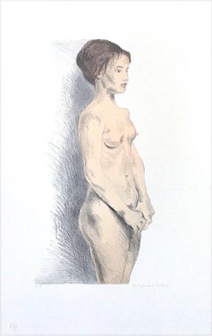 STANDING NUDE Signed Lithograph, Realist Portrait Young Woman, Figure Drawing