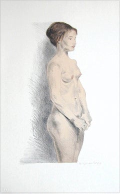 STANDING NUDE Signed Lithograph, Realist Portrait Young Woman, Figure Drawing