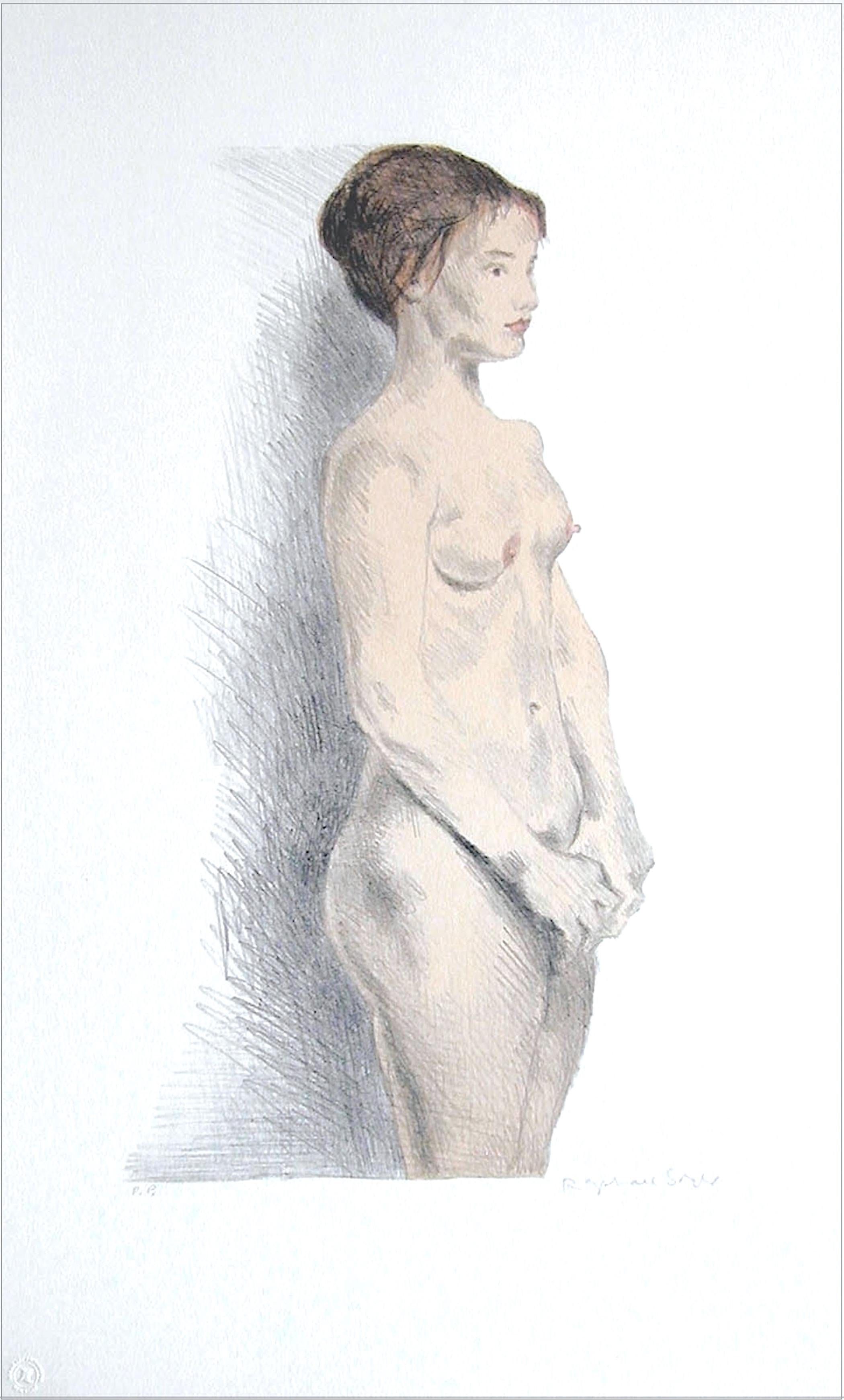 STANDING NUDE Litografia firmata, ritratto realista di una giovane donna, disegno di una figura