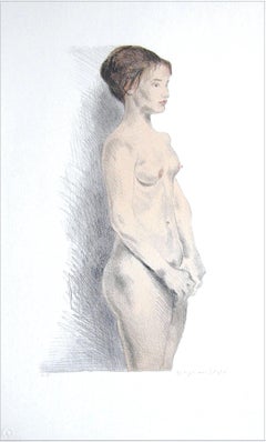 STANDING NUDE Signierte Lithographie, Realismus-Porträt einer jungen Frau, Figurenzeichnung