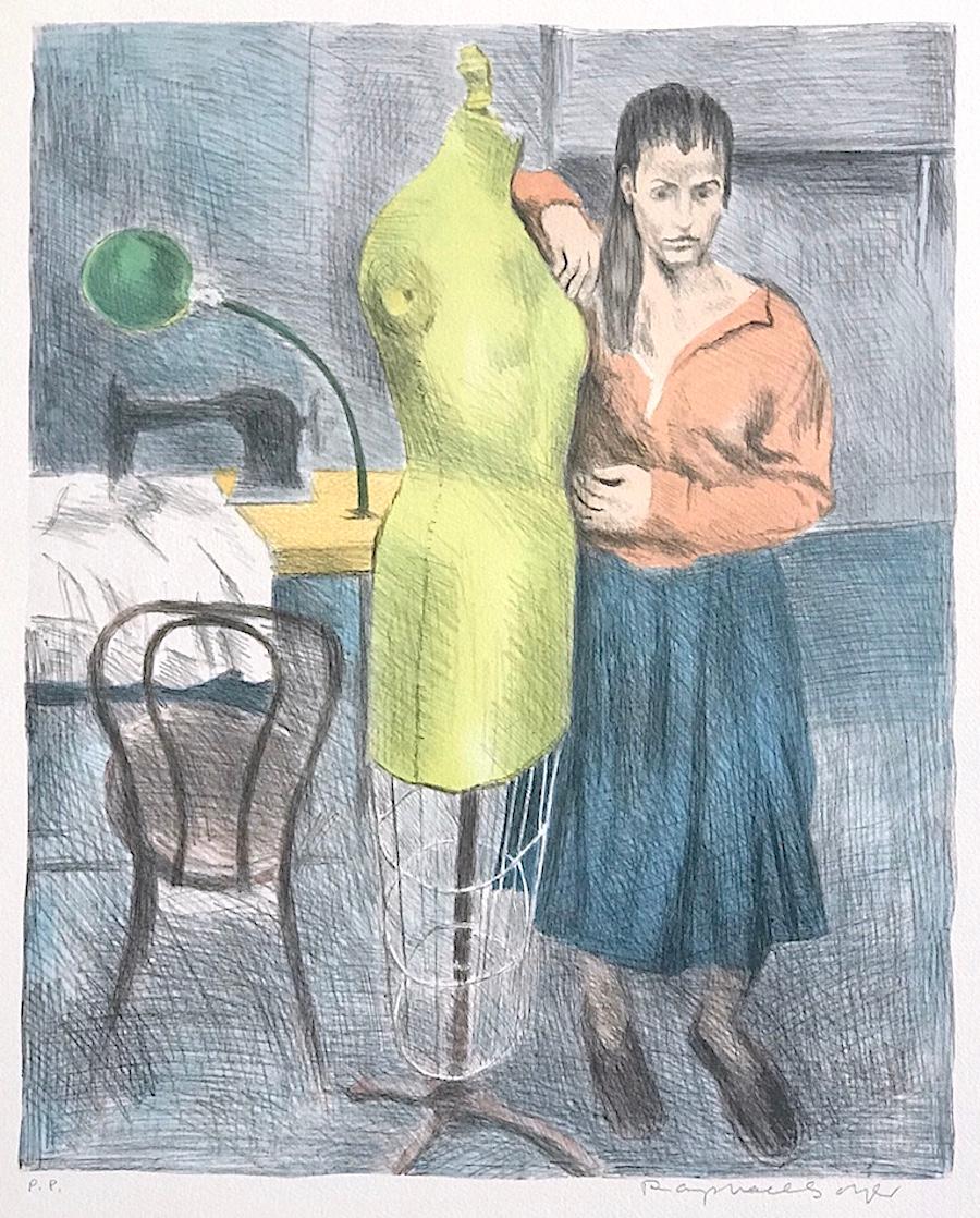 STANDING SEAMSTRESS Signed Color Lithograph, Standing Woman, Dress Form, Sewing - Print by Raphael Soyer