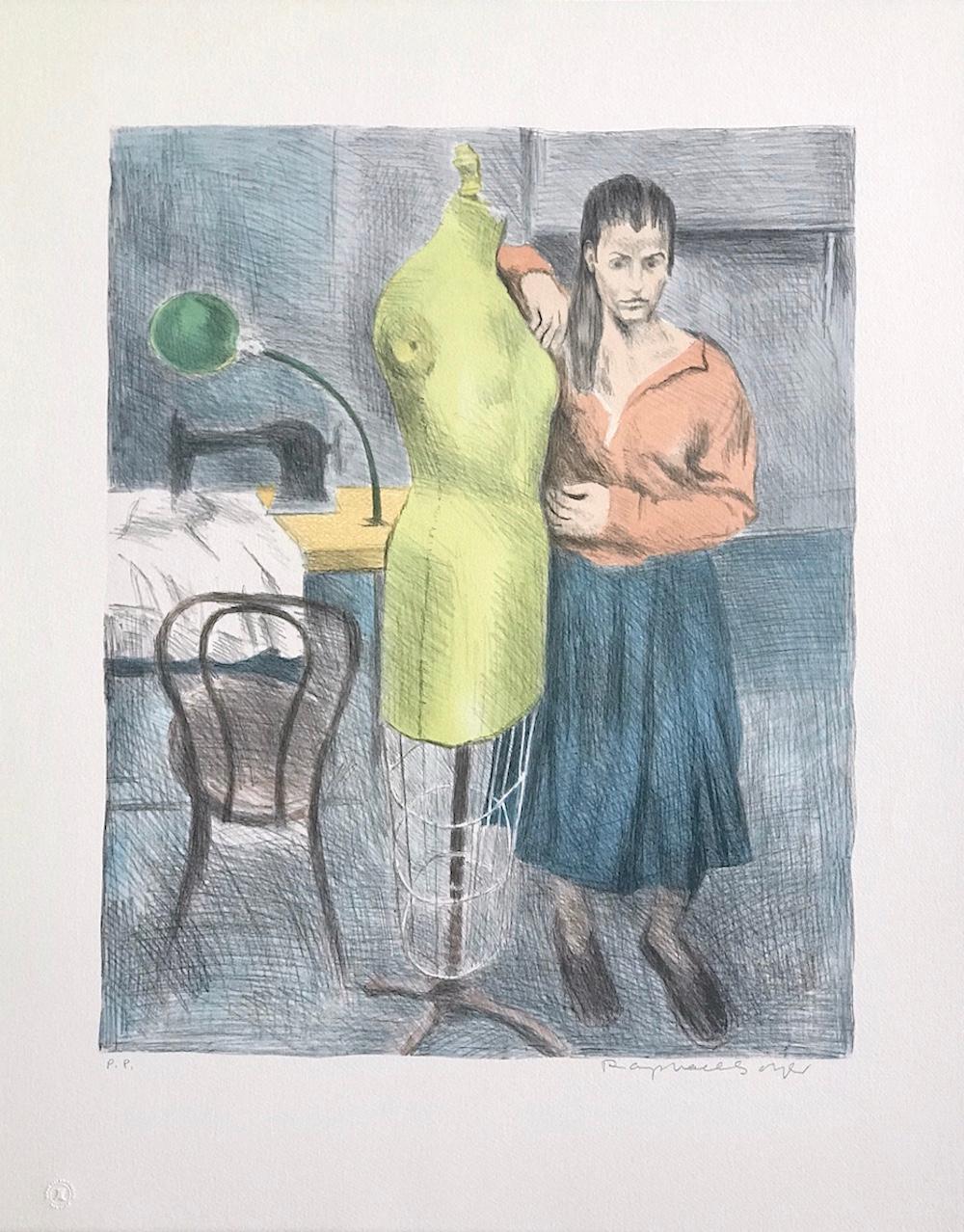 STANDING SEAMSTRESS Signed Color Lithograph, Standing Woman, Dress Form, Sewing