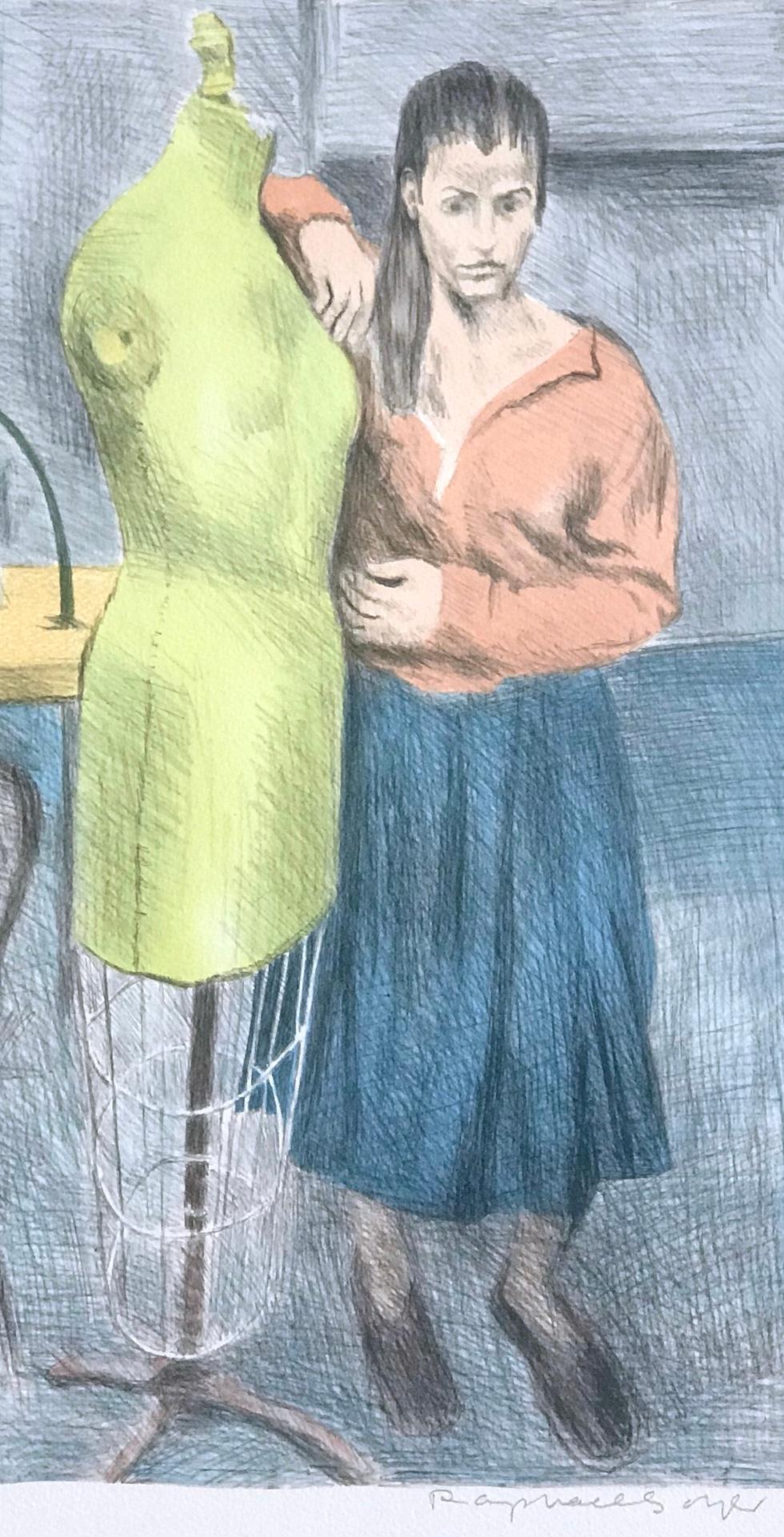 STANDING SEAMSTRESS Signierte Farblithographie, stehende Frau, Kleidform, Nähen (Realismus), Print, von Raphael Soyer
