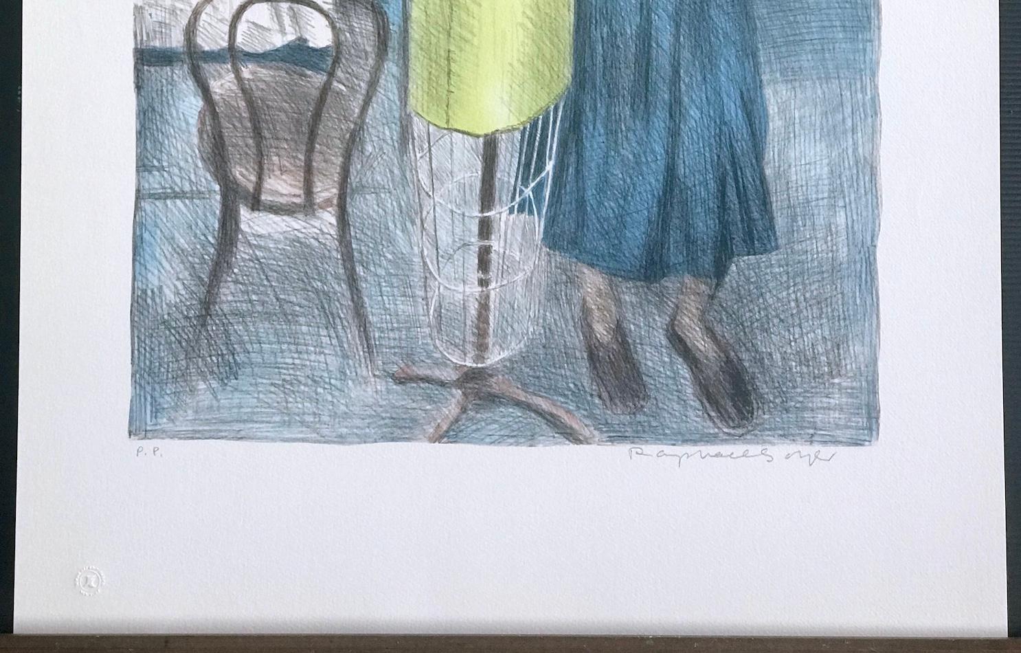 STANDING SEAMSTRESS Signierte Farblithographie, stehende Frau, Kleidform, Nähen im Angebot 2