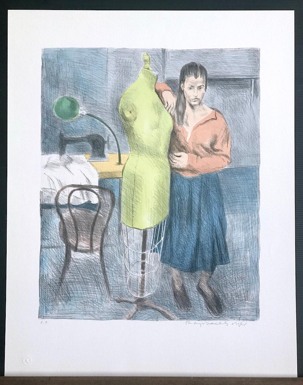 STANDING SEAMSTRESS Signierte Farblithographie, stehende Frau, Kleidform, Nähen im Angebot 3