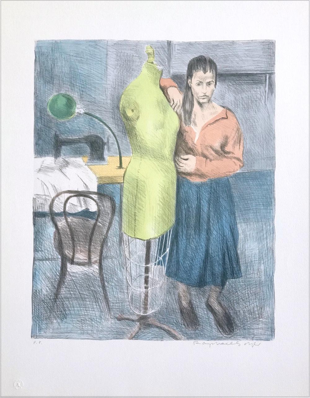 COSTURERA DE PIE Litografía en color firmada, Mujer de pie, Forma de vestido, Cosiendo