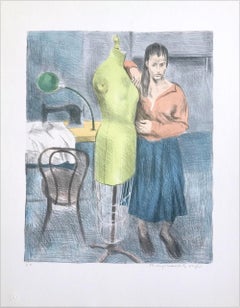 COSTURERA DE PIE Litografía en color firmada, Mujer de pie, Forma de vestido, Cosiendo
