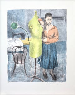 STANDING SEAMSTRESS Litografia a colori firmata, Giovane donna, forma di vestito, cucito