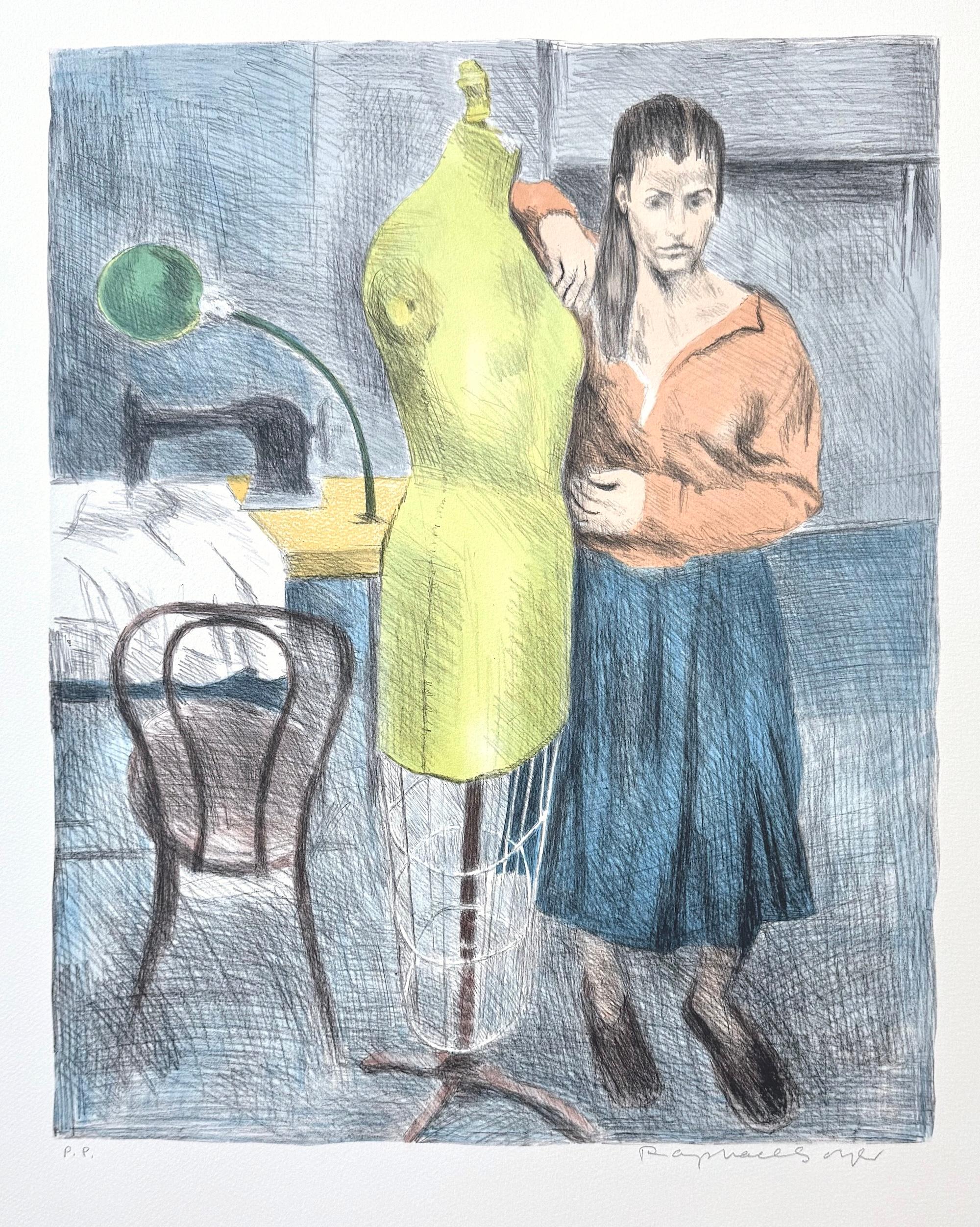 SEAMSTRESS DEBOUT Lithographie couleur signée, jeune femme, forme de robe, couture