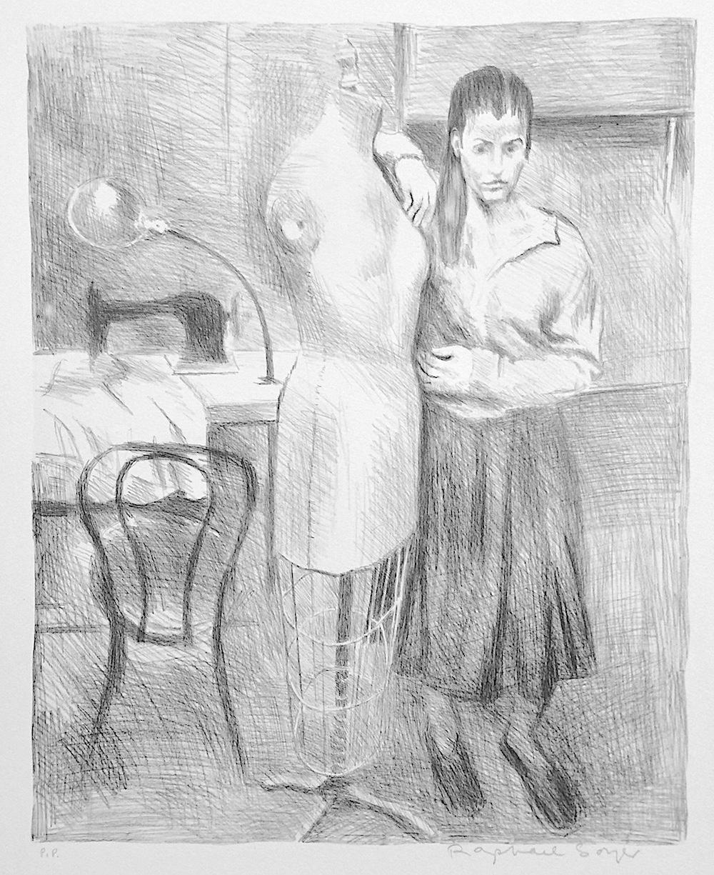 Raphael Soyer Portrait Print – STANDING SEAMSTRESS, signierte Lithographie, weibliches Porträt, Nähmaschinenkleid, Maschinenkleid-Form