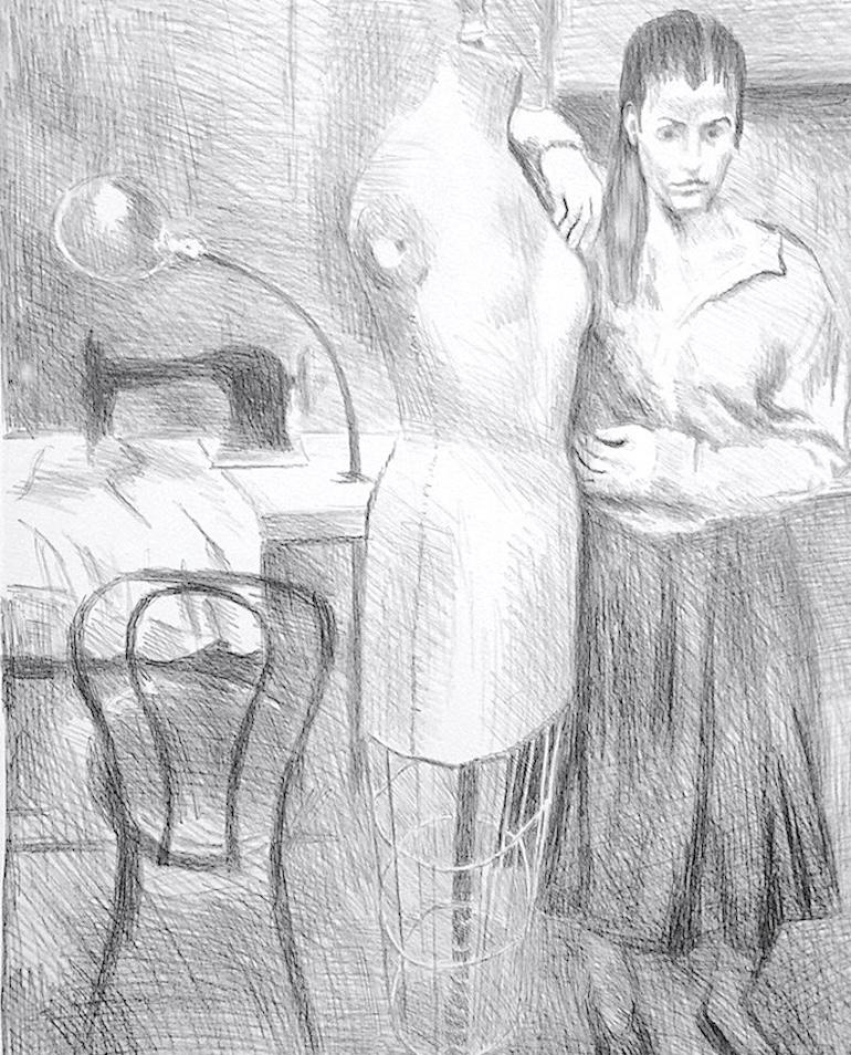 COSTURERA DE PIE, Litografía firmada Retrato femenino Forma de vestido de máquina de coser - Print Realista de Raphael Soyer