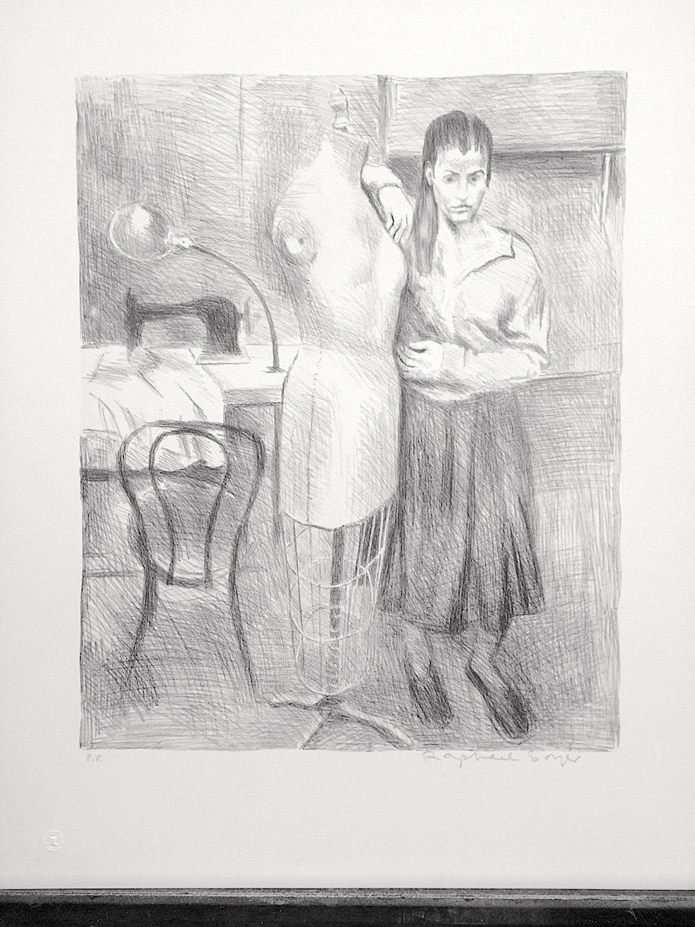 STANDING SEAMSTRESS, signierte Lithographie, weibliches Porträt, Nähmaschinenkleid, Maschinenkleid-Form (Grau), Portrait Print, von Raphael Soyer