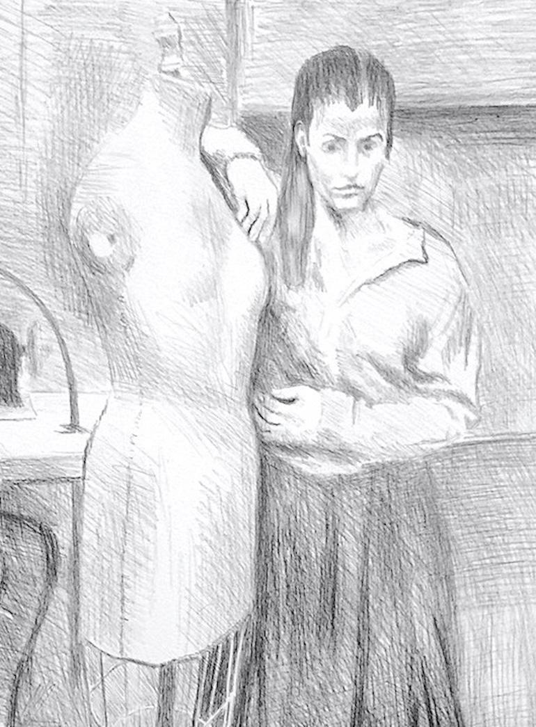 COSTURERA DE PIE, Litografía firmada Retrato femenino Forma de vestido de máquina de coser - Portrait Print Gris de Raphael Soyer