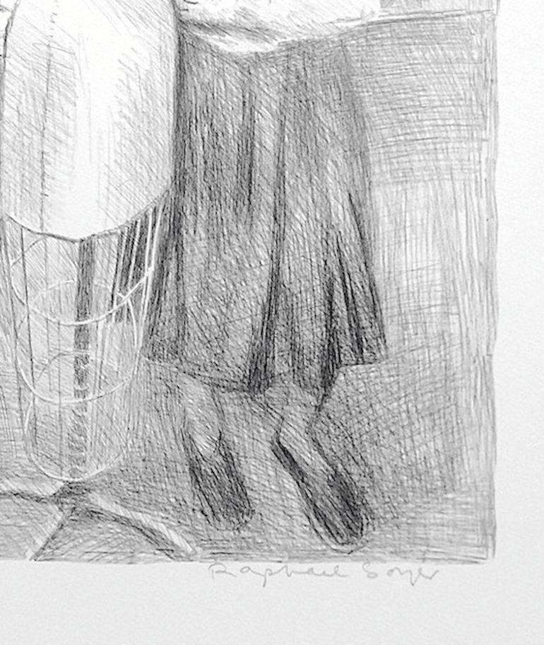 COSTURERA DE PIE, Litografía firmada Retrato femenino Forma de vestido de máquina de coser en venta 3