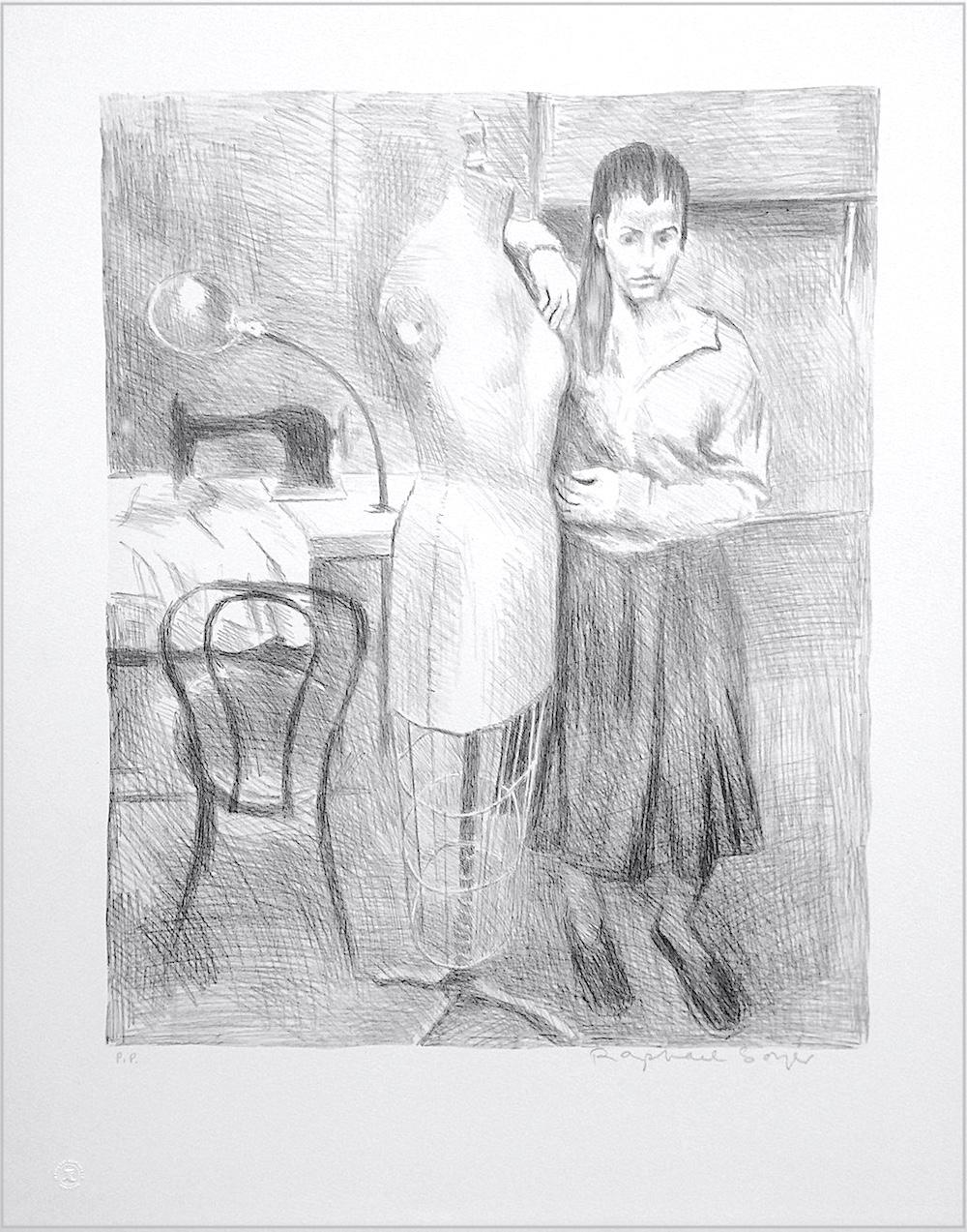 STANDING SEAMSTRESS, Signed Lithograph Female Portrait Sewing Machine Dress Form - Print by Raphael Soyer