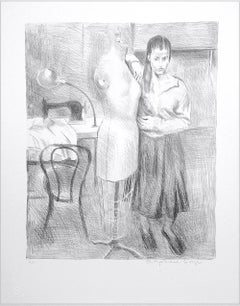 STANDING SEAMSTRESS, Signed Lithograph 1979, Realist Portrait, Sewing Machine