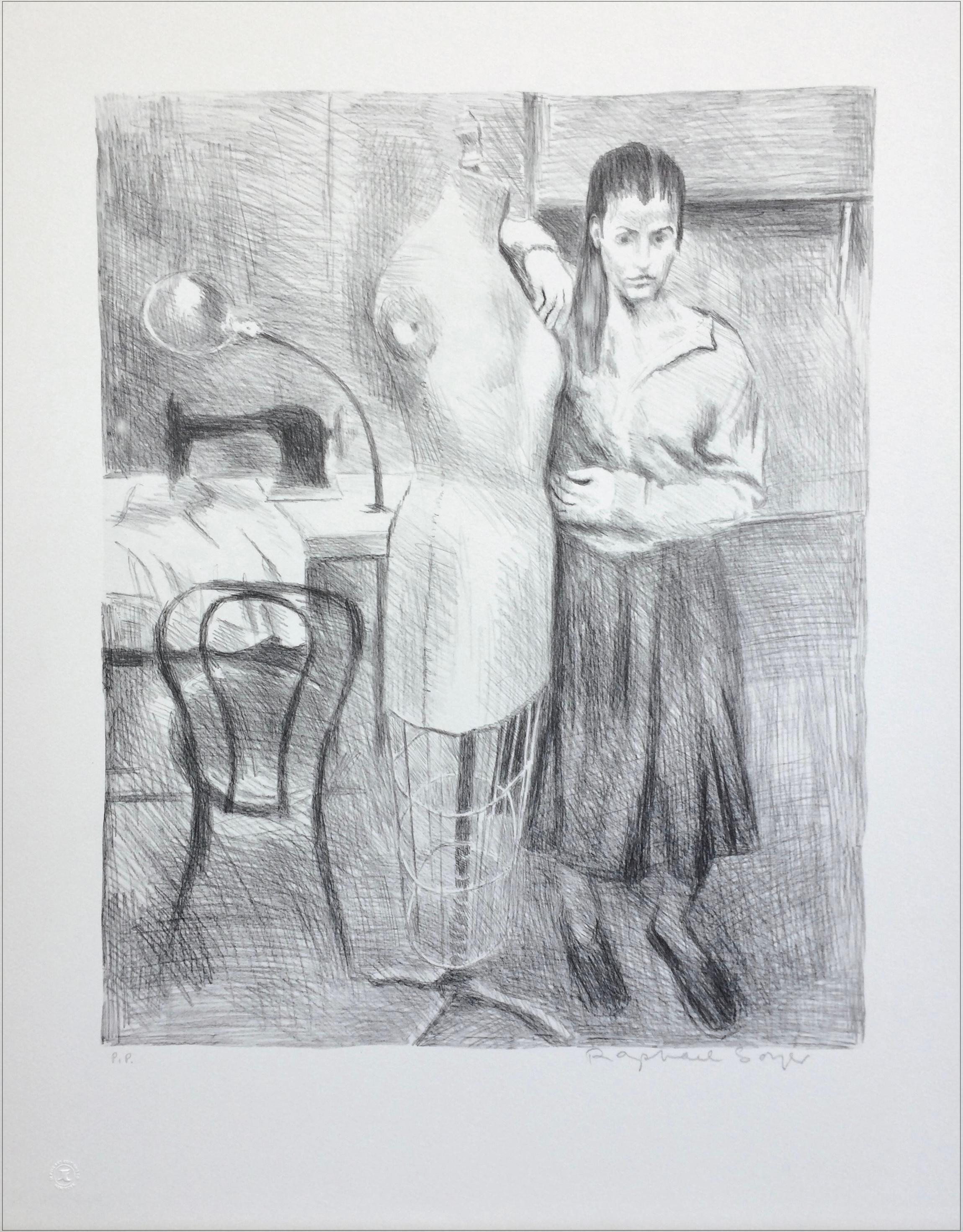 STANDING SEAMSTRESS, signierte Lithographie, weibliches Porträt, Nähmaschinenkleid, Maschinenkleid-Form