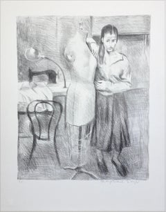 STANDING SEAMSTRESS, signierte Lithographie, weibliches Porträt, Nähmaschinenkleid, Maschinenkleid-Form