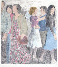 STREET SCENE Signed Lithograph, NYC Crowd Portrait Pencil Drawing, A-Line Skirts