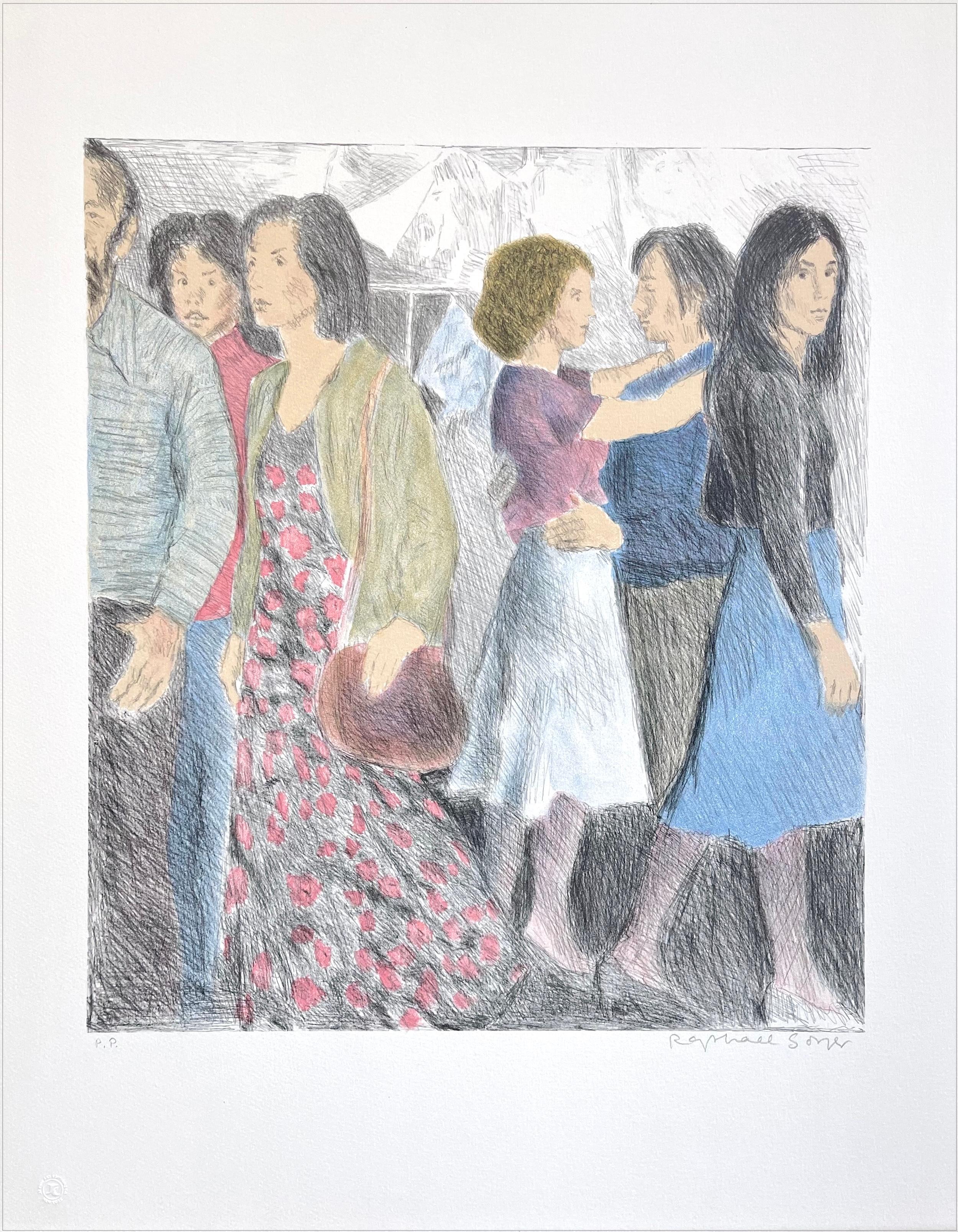 STREET SCENE Signed Hand Drawn Lithograph, Young Men and Women Casual Gathering