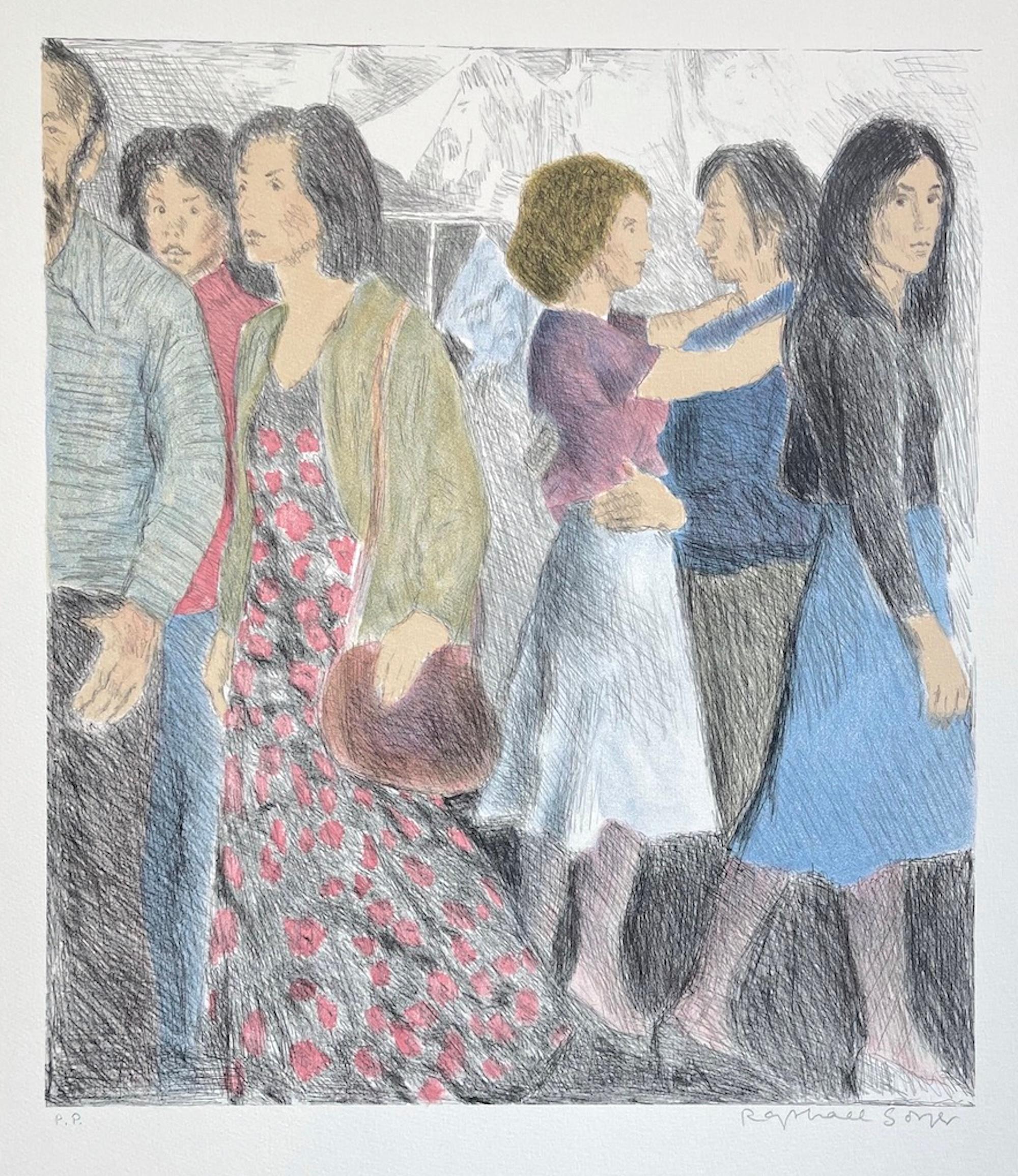 ESCENA DE CALLE Litografía dibujada a mano firmada, Reunión informal de hombres y mujeres jóvenes