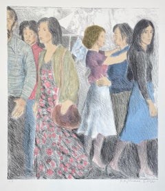 ESCENA DE CALLE Litografía dibujada a mano firmada, Reunión informal de hombres y mujeres jóvenes