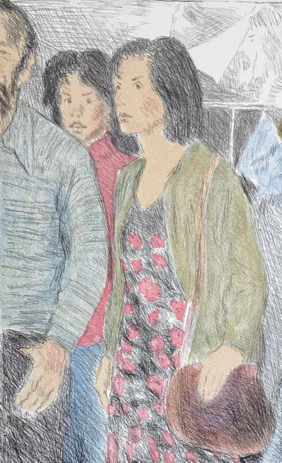 STREET SCENE Litografía firmada, NYC Crowd Portrait Pencil Drawing, A-Line Skirts - Print Realista de Raphael Soyer