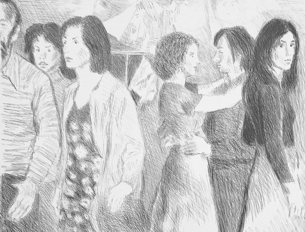 STREET SCENE Signed Lithograph, NYC Crowd Portrait Pencil Drawing, A-Line Skirts - Realist Print by Raphael Soyer
