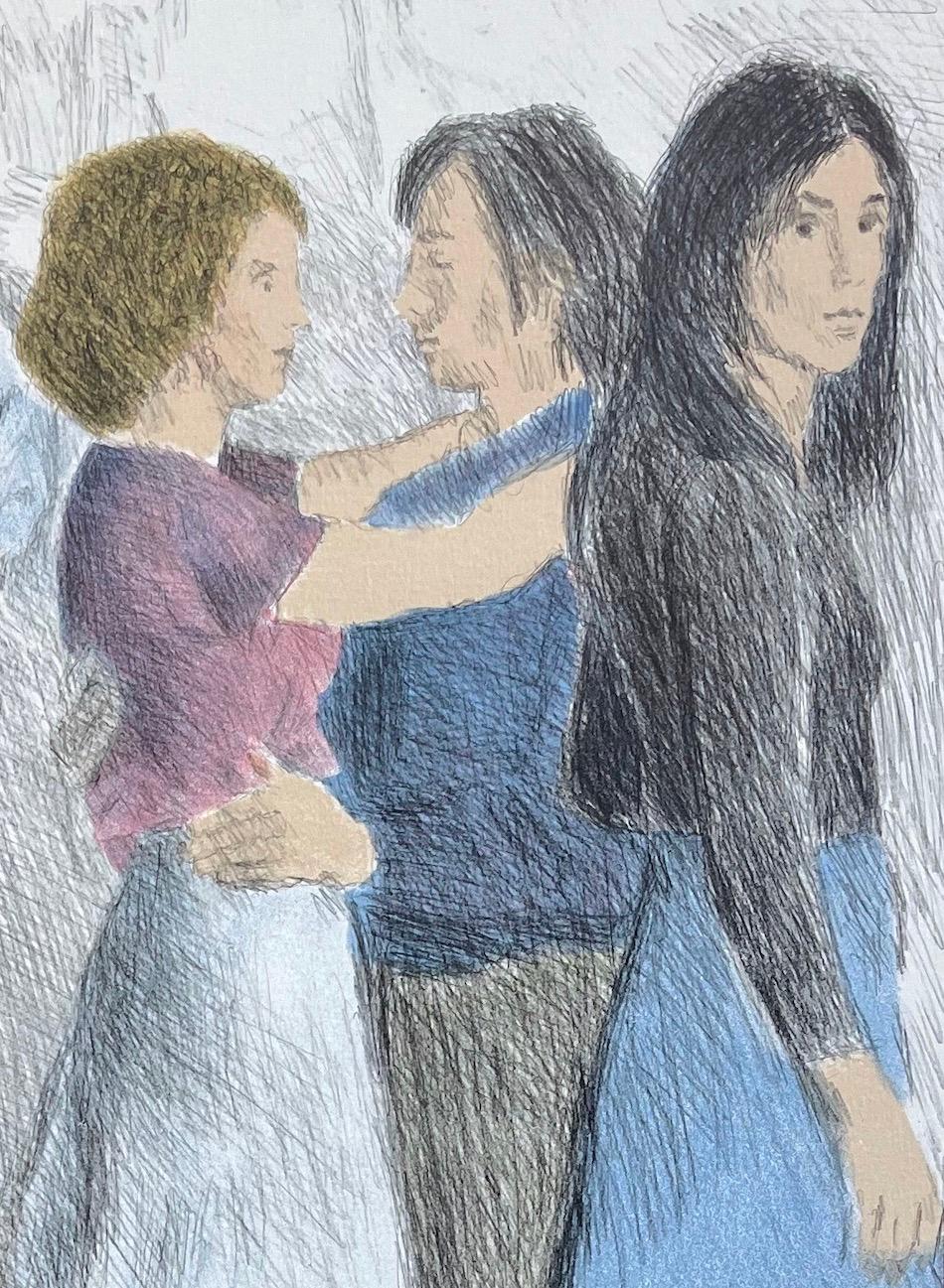 STREET SCENE Litografía firmada, NYC Crowd Portrait Pencil Drawing, A-Line Skirts - Figurative Print Gris de Raphael Soyer