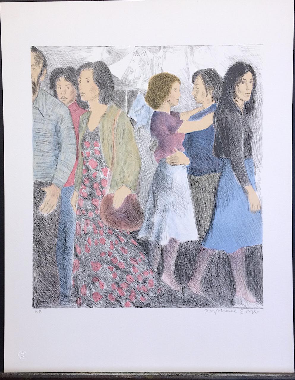 STREET SCENE Signed Lithograph, NYC Crowd Portrait Pencil Drawing, A-Line Skirts - Gray Figurative Print by Raphael Soyer