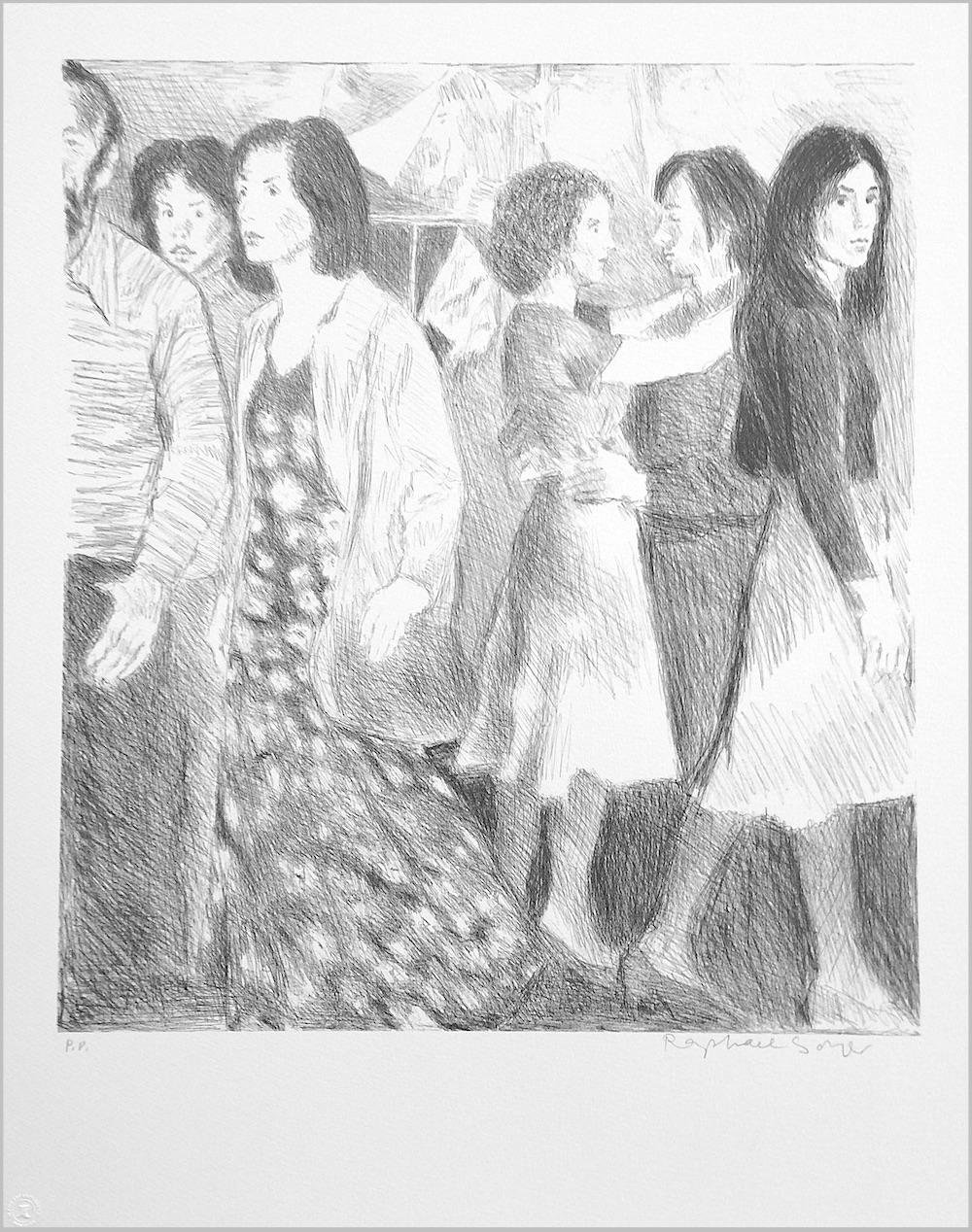 Lithographie signée STREET SCENE, dessin au crayon portrait d'une foule à New York, jupe trapèze en vente 1