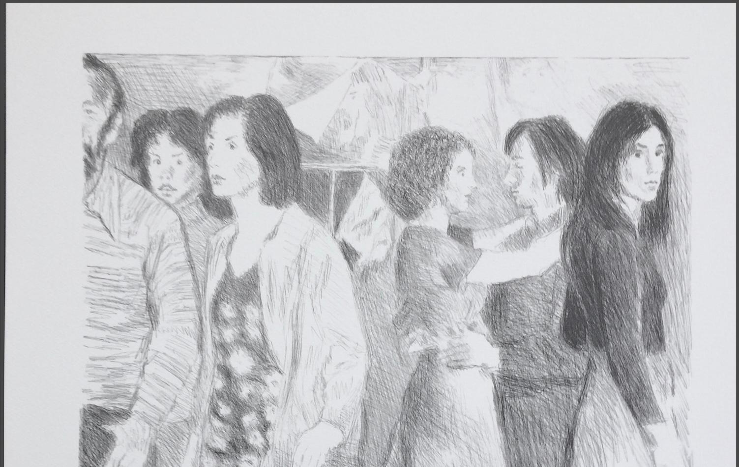 STREET SCENE Litografía firmada, NYC Crowd Portrait Pencil Drawing, A-Line Skirts en venta 1